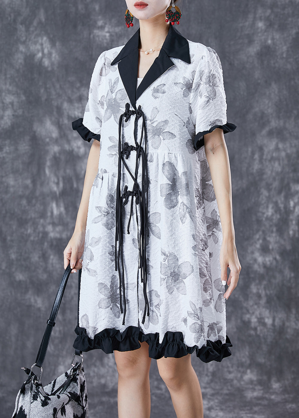 Chic White Chinese Button Ruffled Patchwork Jacquard Dress Summer TD1063 - fabuloryshop