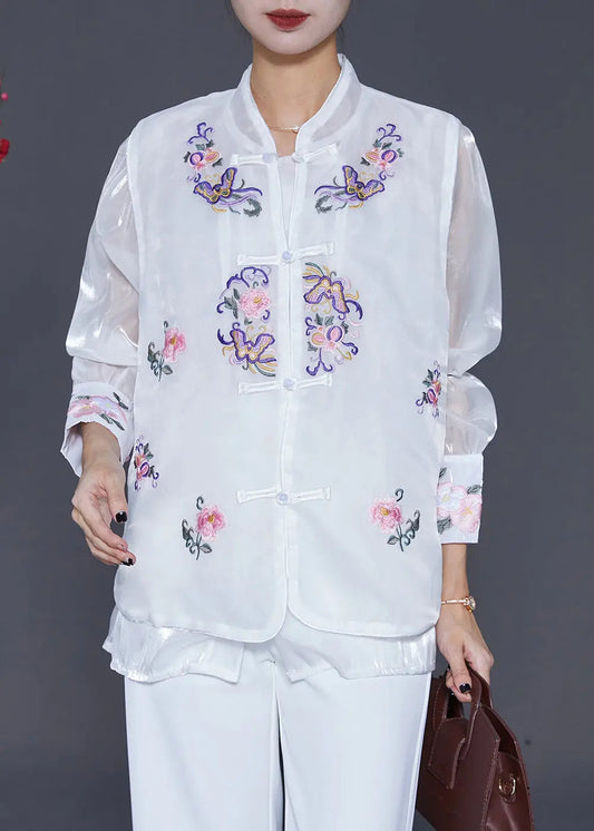 Chic White Embroideried Chinese Button Silk Two Pieces Set Fall Ada Fashion