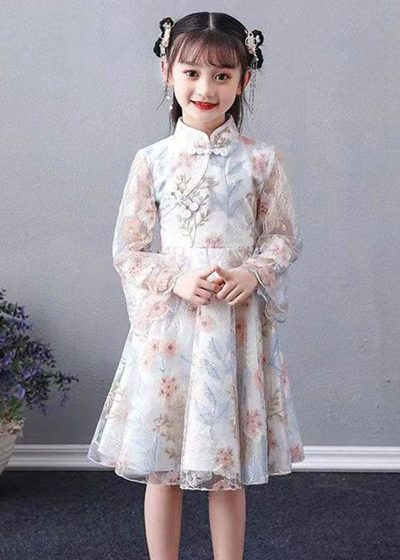 Chic White Embroideried Patchwork Hollow Out Tulle Girls Maxi Dress Long Sleeve Ada Fashion