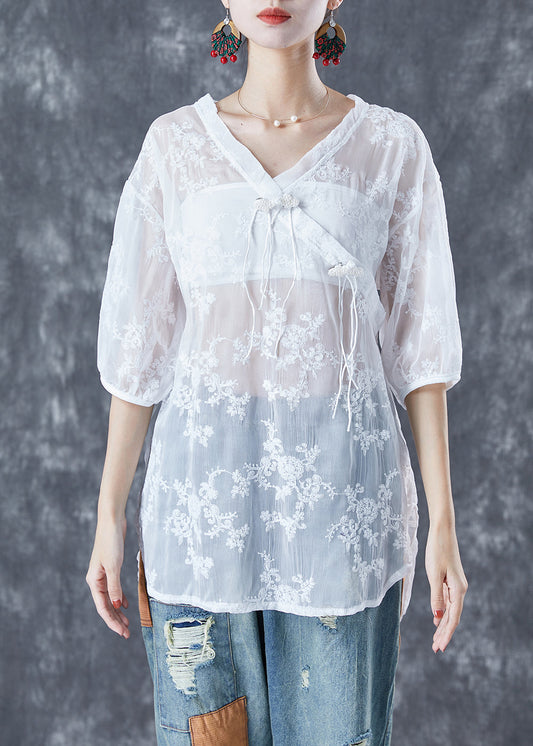 Chic White Embroideried Tassel Tulle Shirt Tops Summer LY5606 - fabuloryshop