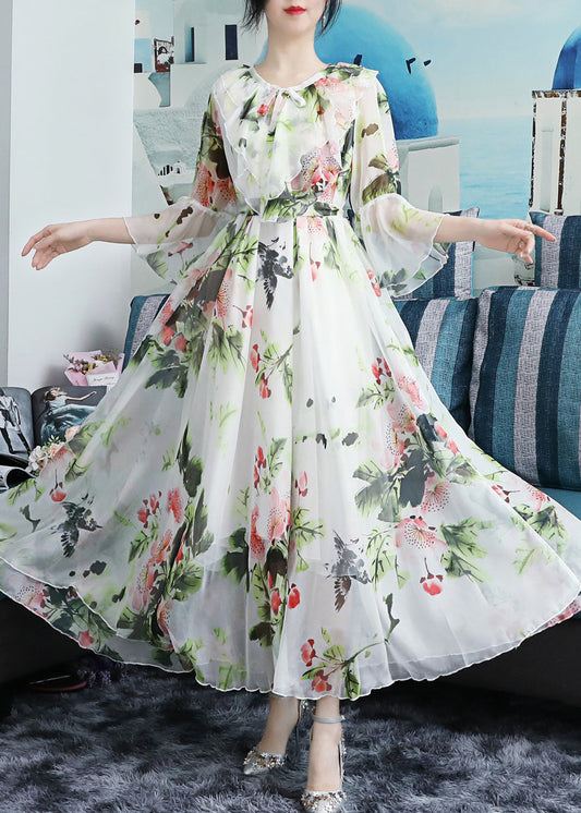 Chic White O-Neck Bow Print Ruffled Chiffon Long Beach Dresses Long Sleeve LY1773 - fabuloryshop