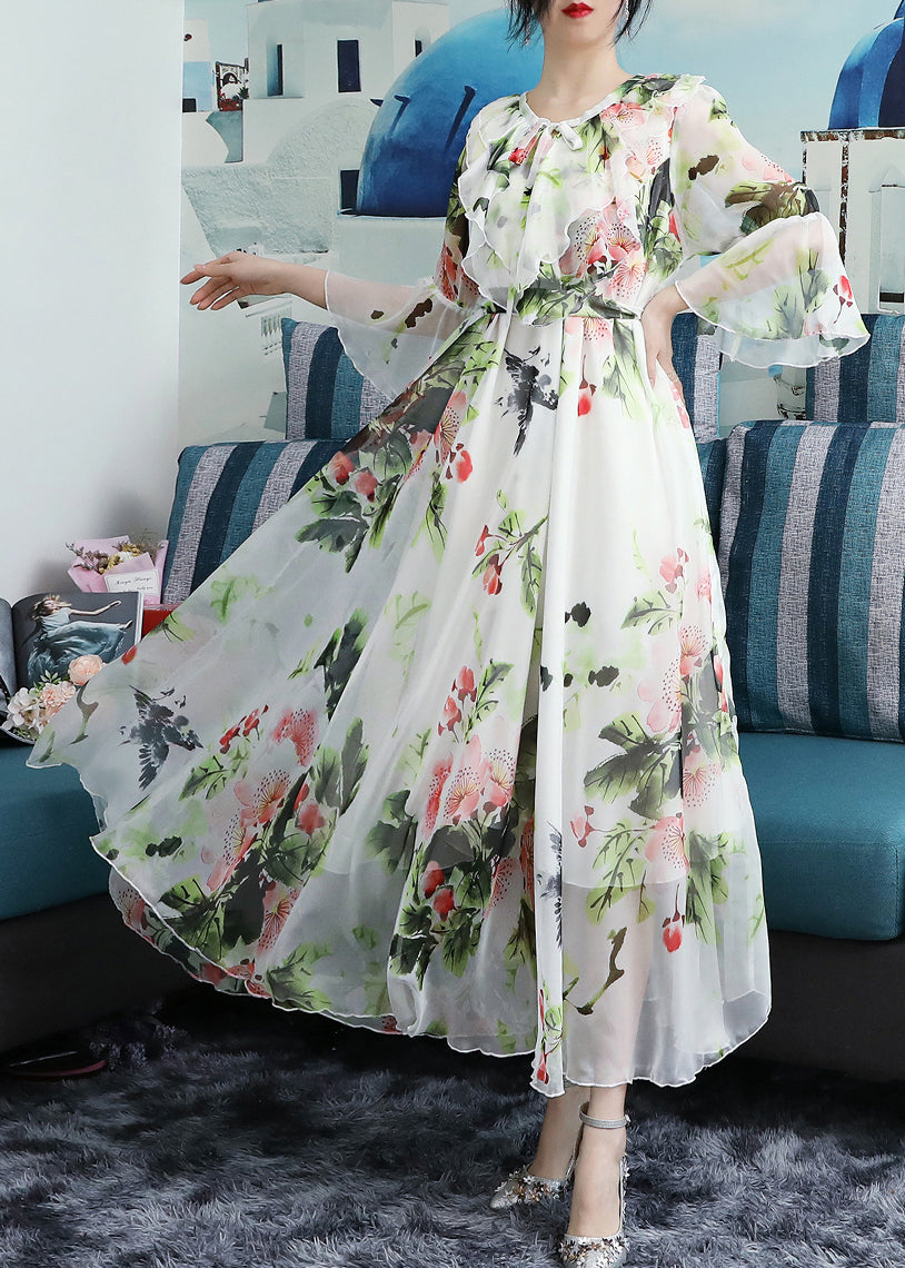 Chic White O-Neck Bow Print Ruffled Chiffon Long Beach Dresses Long Sleeve LY1773 - fabuloryshop