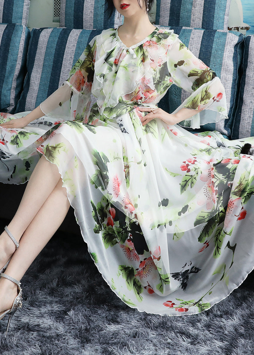 Chic White O-Neck Bow Print Ruffled Chiffon Long Beach Dresses Long Sleeve LY1773 - fabuloryshop