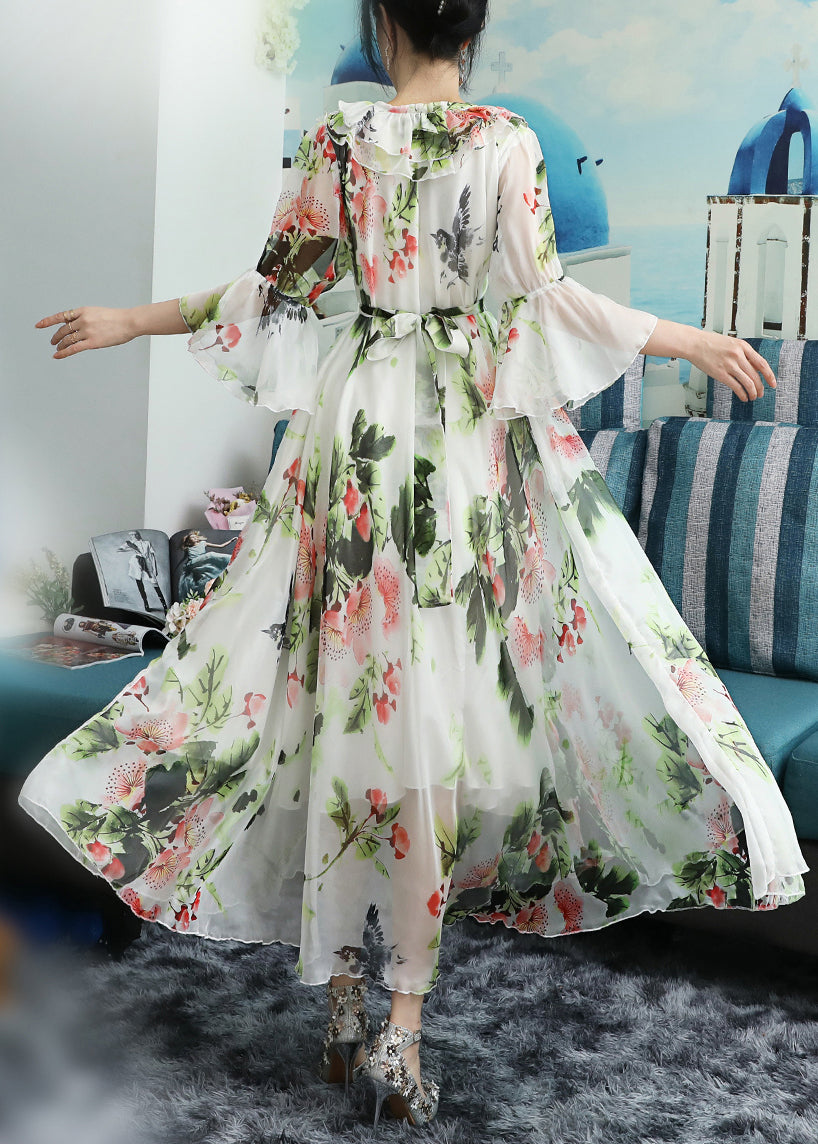 Chic White O-Neck Bow Print Ruffled Chiffon Long Beach Dresses Long Sleeve LY1773 - fabuloryshop