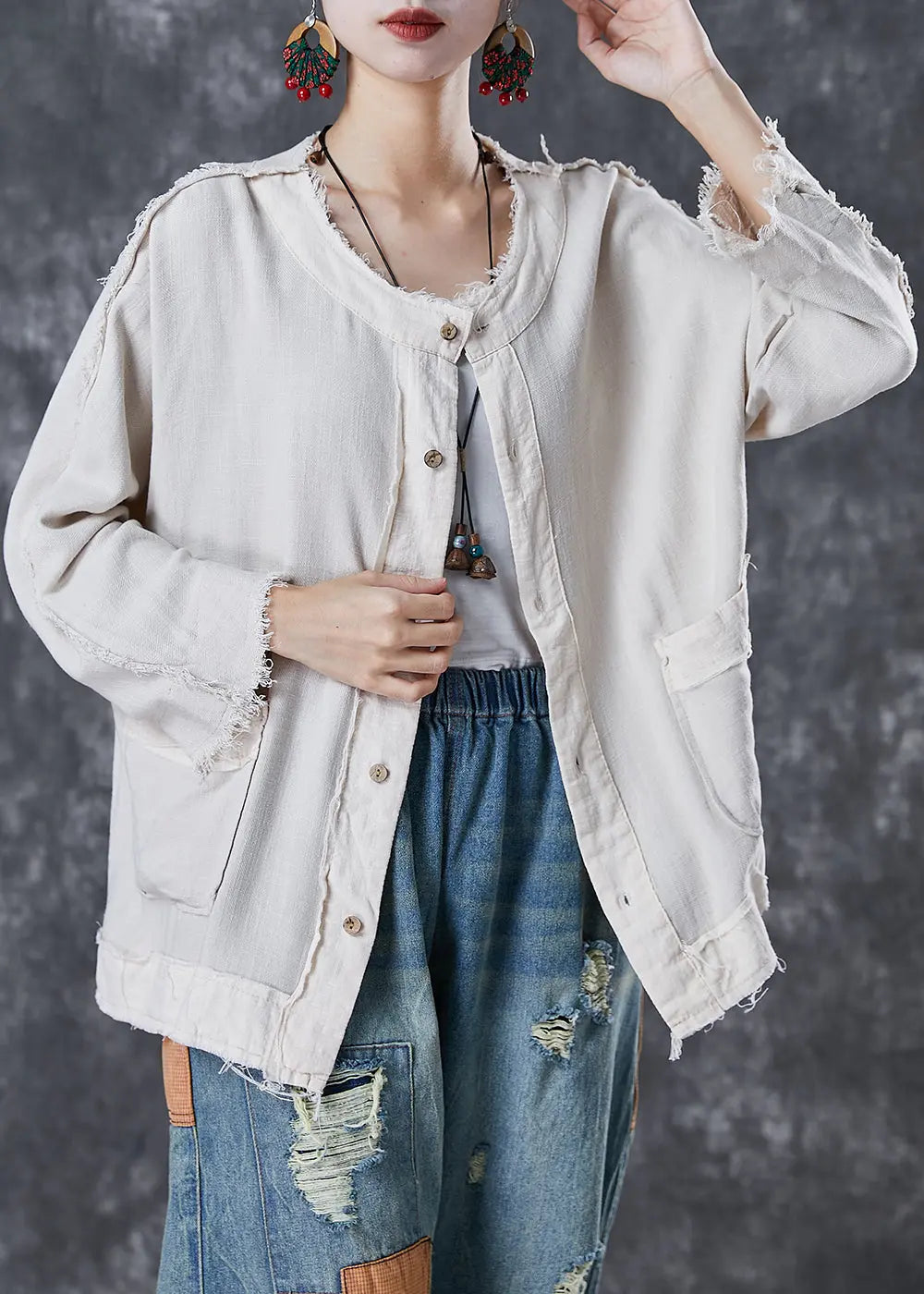 Chic White Oversized Pockets Linen Jacket Fall Ada Fashion