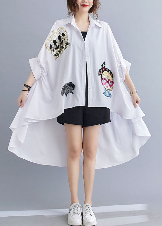 Chic White Oversized Sequins Applique Low High Design Cotton Tops Batwing Sleeve LY1546 - fabuloryshop