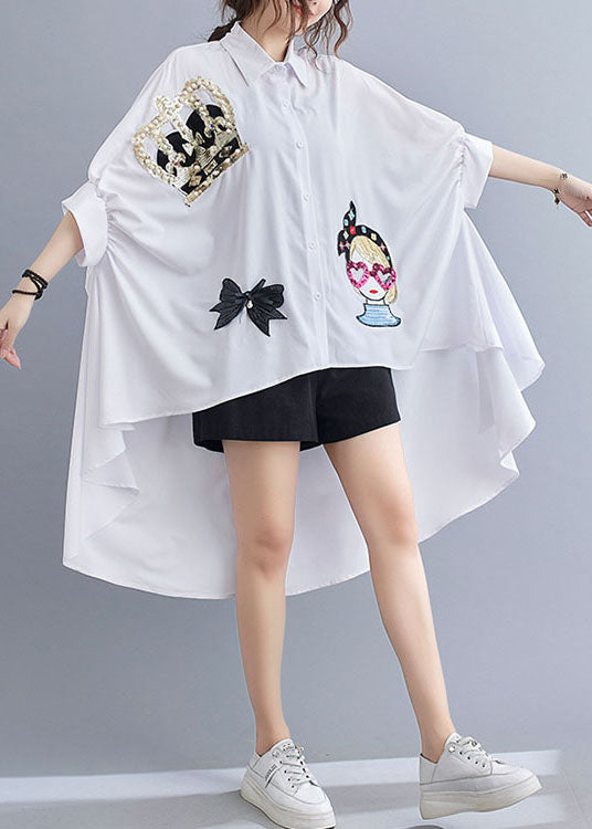 Chic White Oversized Sequins Applique Low High Design Cotton Tops Batwing Sleeve LY1546 - fabuloryshop