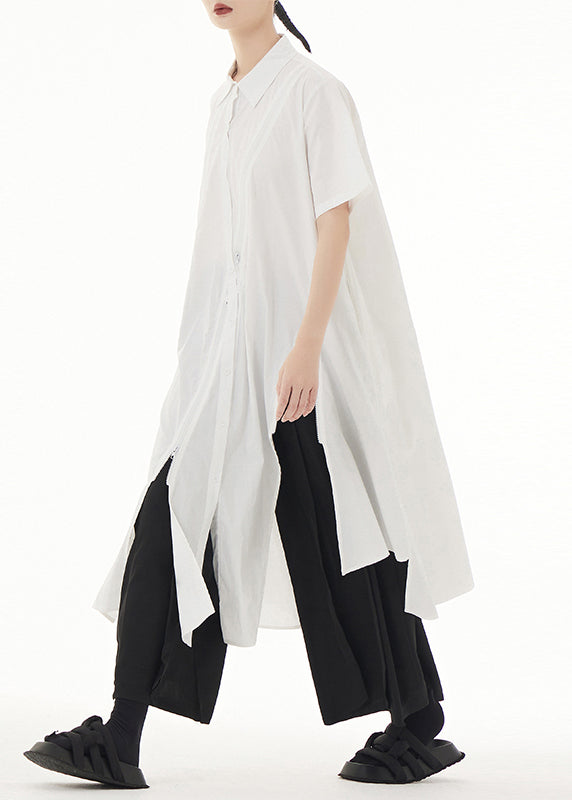 Chic White Peter Pan Collar Asymmetrical Patchwork Cotton Shirt Dress Summer Ada Fashion