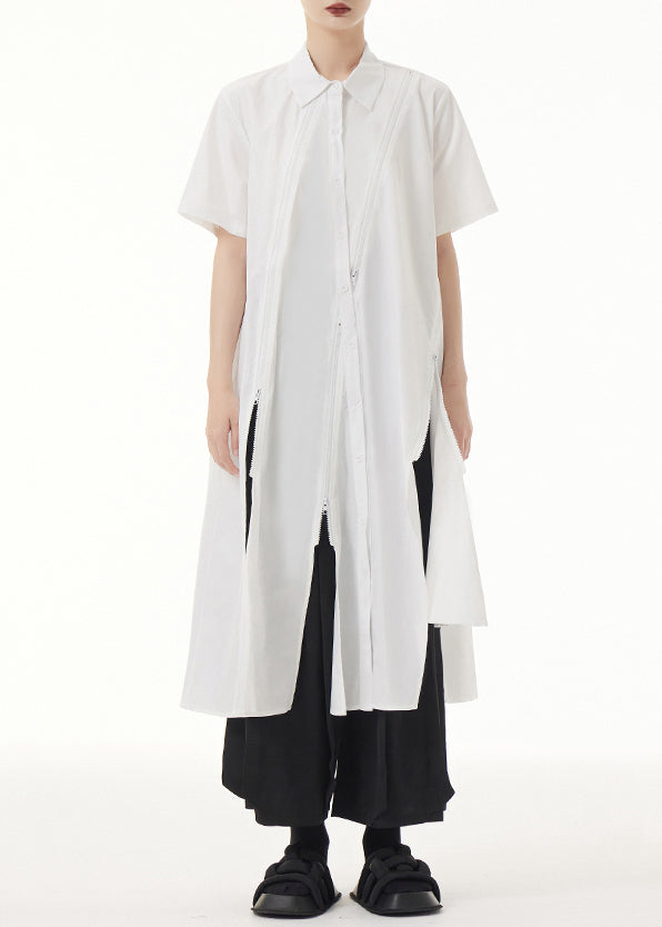 Chic White Peter Pan Collar Asymmetrical Patchwork Cotton Shirt Dress Summer Ada Fashion