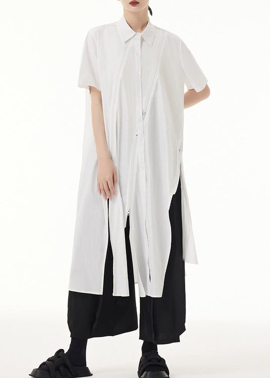 Chic White Peter Pan Collar Asymmetrical Patchwork Cotton Shirt Dress Summer Ada Fashion