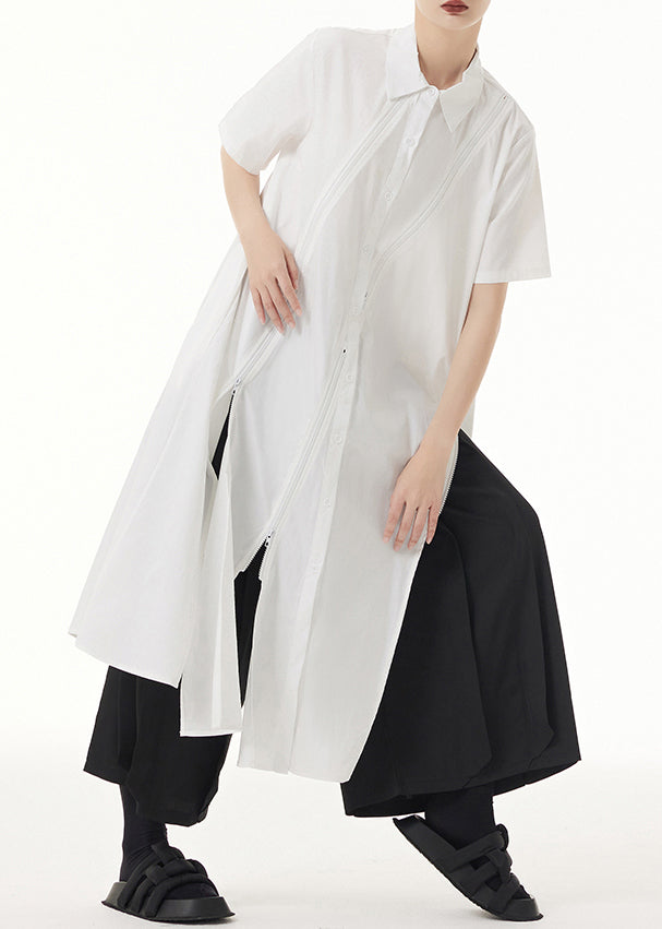 Chic White Peter Pan Collar Asymmetrical Patchwork Cotton Shirt Dress Summer Ada Fashion