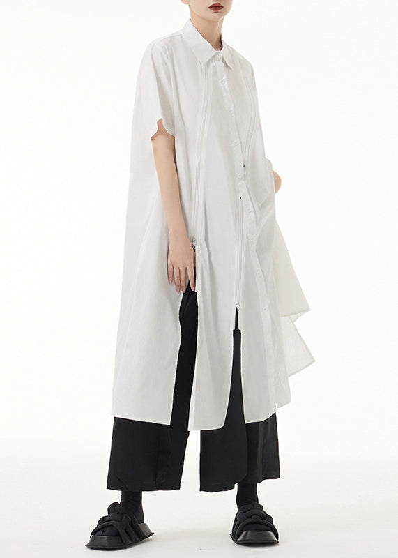 Chic White Peter Pan Collar Asymmetrical Patchwork Cotton Shirt Dress Summer Ada Fashion