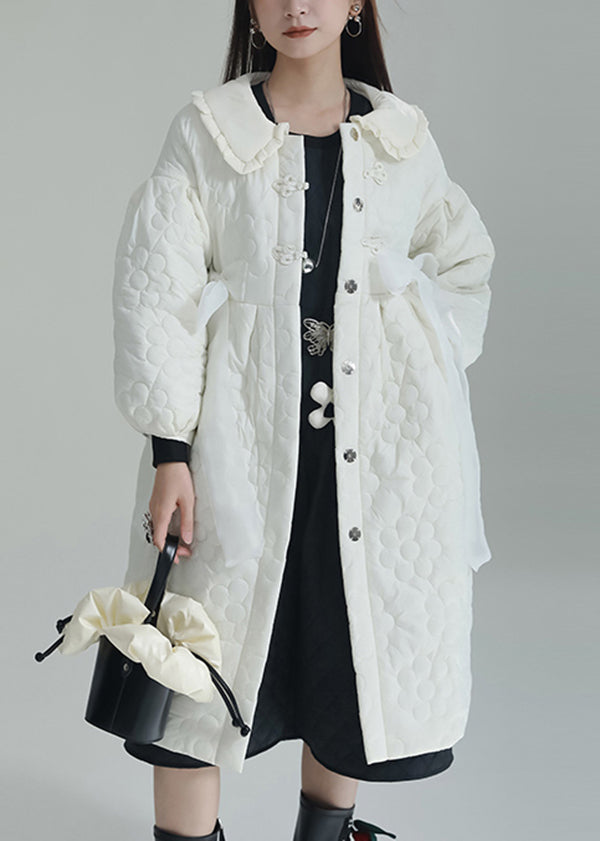 Chic White Peter Pan Collar Pockets Fine Cotton Filled Witner Coat Ada Fashion