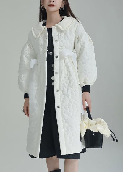 Chic White Peter Pan Collar Pockets Fine Cotton Filled Witner Coat Ada Fashion