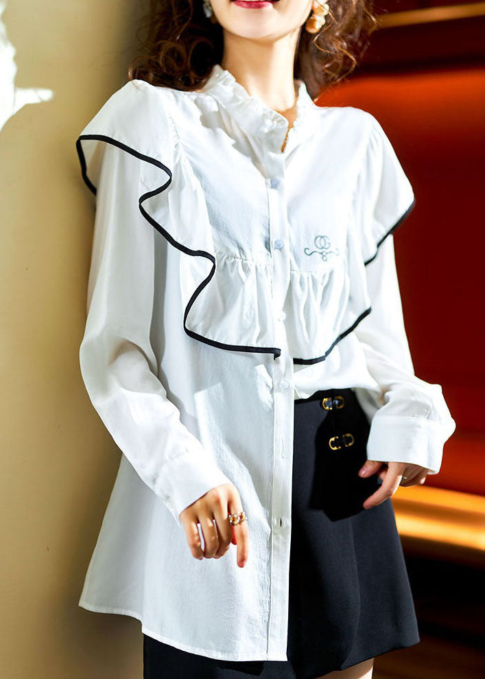 Chic White Ruffled Button Patchwork Cotton Top Long Sleeve LY3857 - fabuloryshop