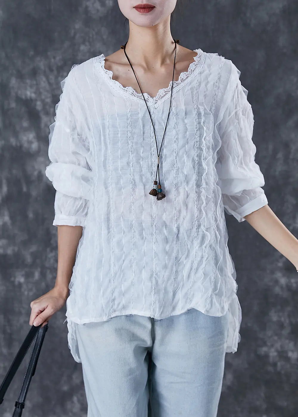 Chic White Ruffled Low High Design Cotton Shirt Top Fall Ada Fashion