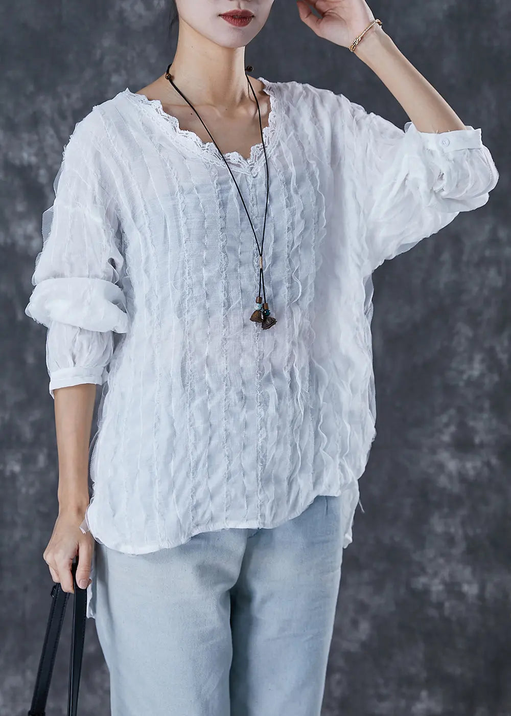 Chic White Ruffled Low High Design Cotton Shirt Top Fall Ada Fashion