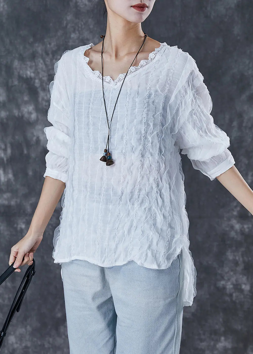 Chic White Ruffled Low High Design Cotton Shirt Top Fall Ada Fashion