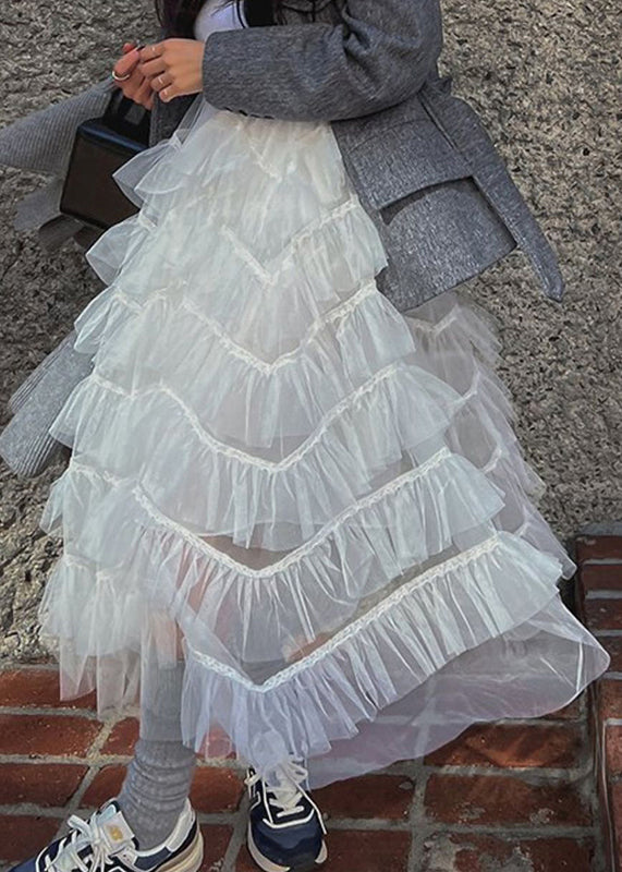 Chic White Ruffles Patchwork High Waist Tulle Skirt Summer LY2701