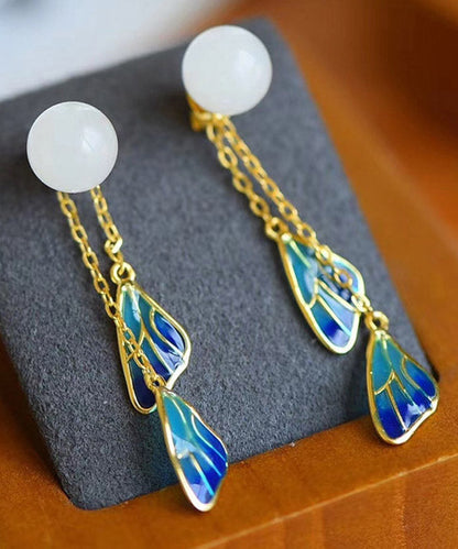 Chic White Sterling Silver Inlaid Jade Enamel Tassel Drop Earrings LY2294 - fabuloryshop