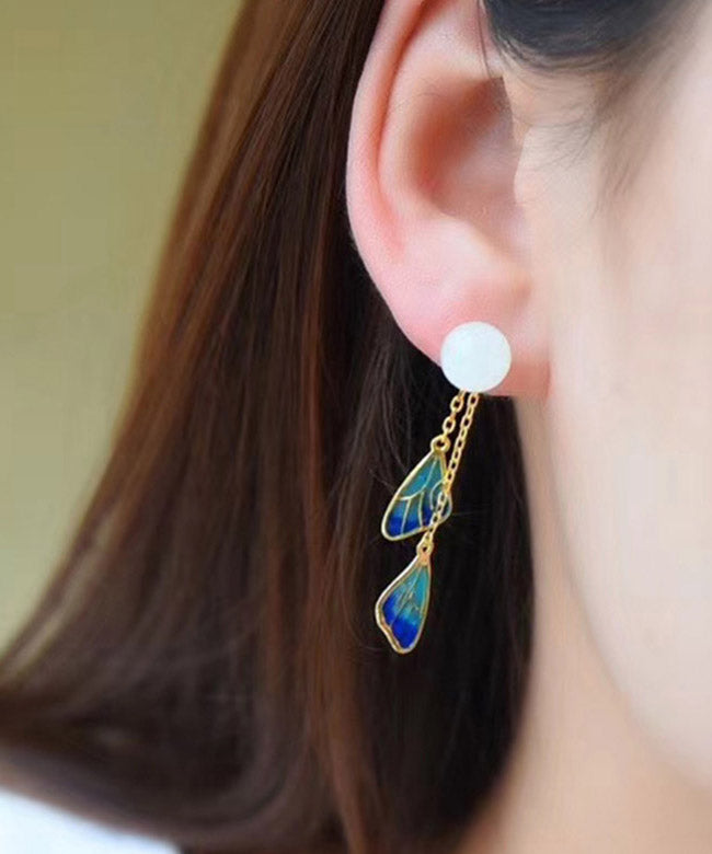 Chic White Sterling Silver Inlaid Jade Enamel Tassel Drop Earrings LY2294 - fabuloryshop