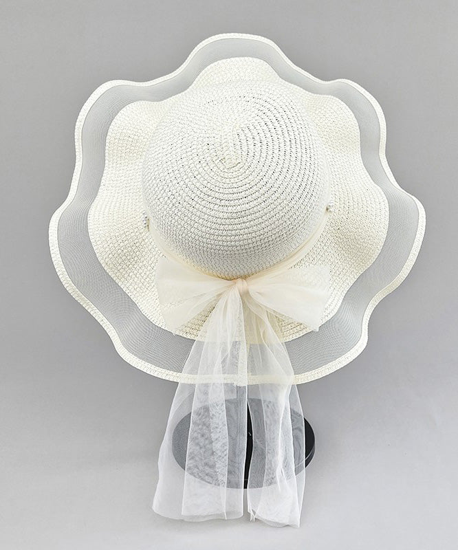 Chic White Tulle Patchwork Bow Straw Woven Floppy Sun Hat LY547