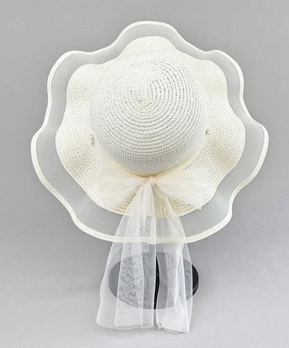 Chic White Tulle Patchwork Bow Straw Woven Floppy Sun Hat LY547 - fabuloryshop