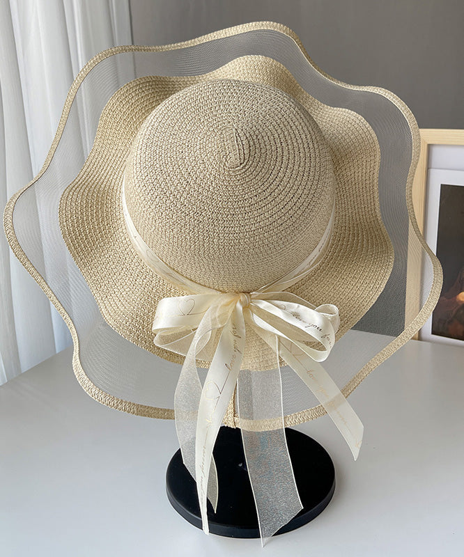 Chic White Tulle Patchwork Bow Straw Woven Floppy Sun Hat LY547