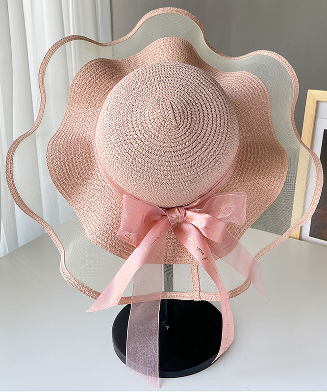 Chic White Tulle Patchwork Bow Straw Woven Floppy Sun Hat LY547 - fabuloryshop