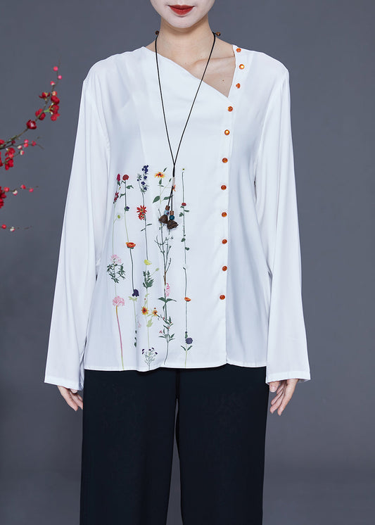 Chic White V Neck Asymmetrical Print Chiffon Shirt Spring LY2342 - fabuloryshop