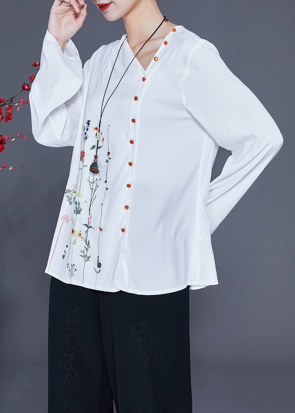 Chic White V Neck Asymmetrical Print Chiffon Shirt Spring LY2342 - fabuloryshop