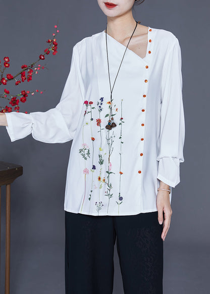 Chic White V Neck Asymmetrical Print Chiffon Shirt Spring LY2342 - fabuloryshop