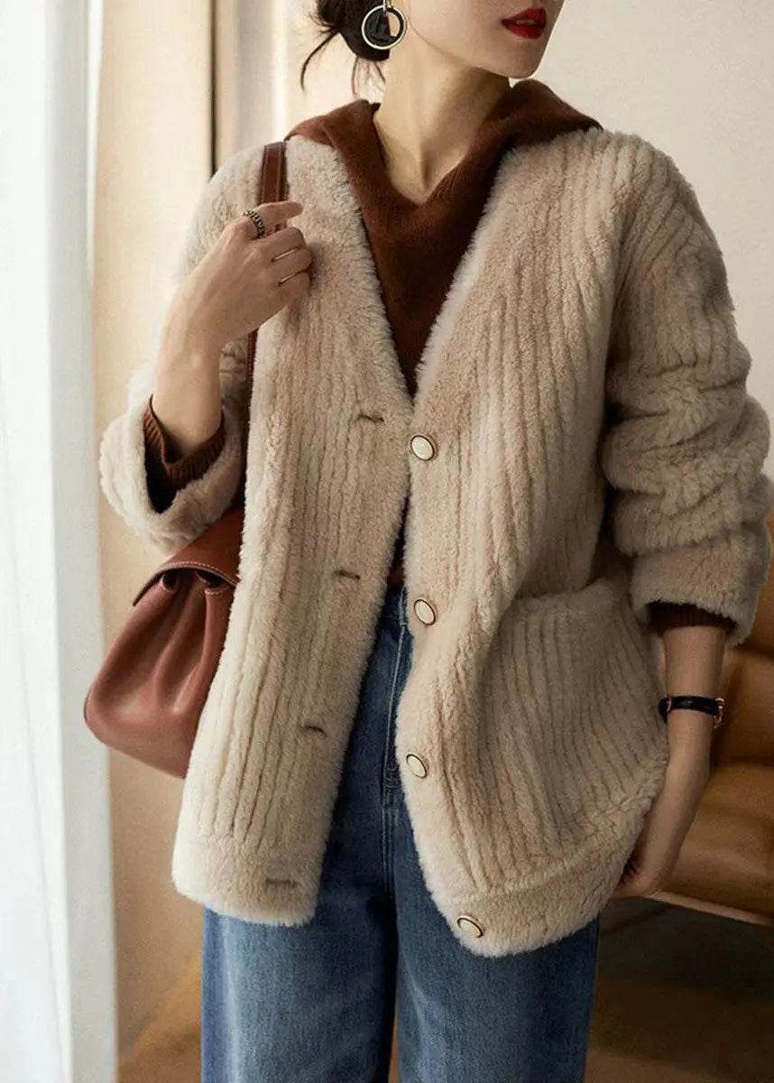 Chic White V Neck Pockets Patchwork Wool Coats Winter Ada Fashion