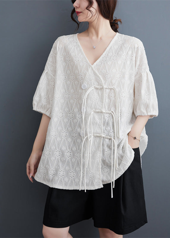 Chic White V Neck Print Tassel Solid Lace Shirt Summer LY4914 - fabuloryshop