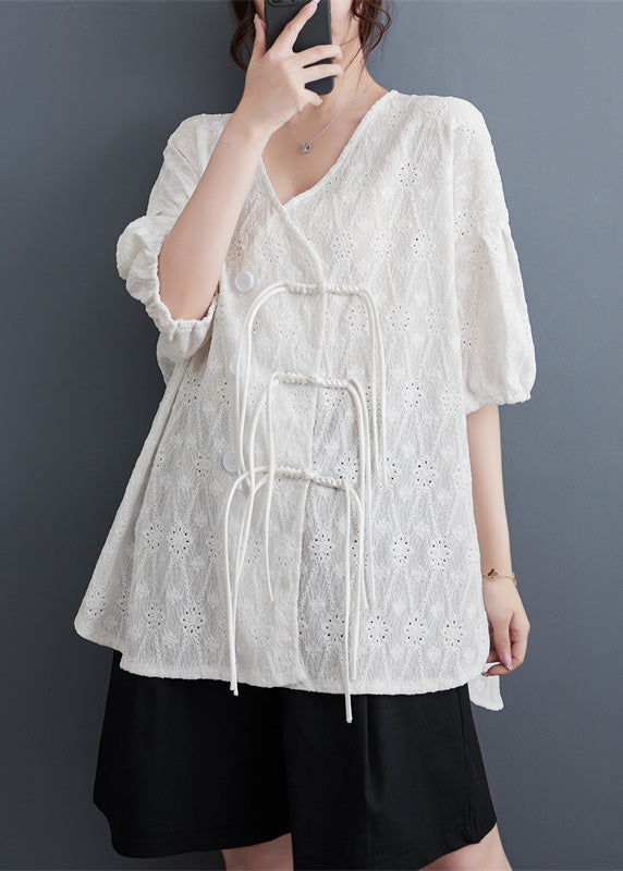 Chic White V Neck Print Tassel Solid Lace Shirt Summer LY4914 - fabuloryshop