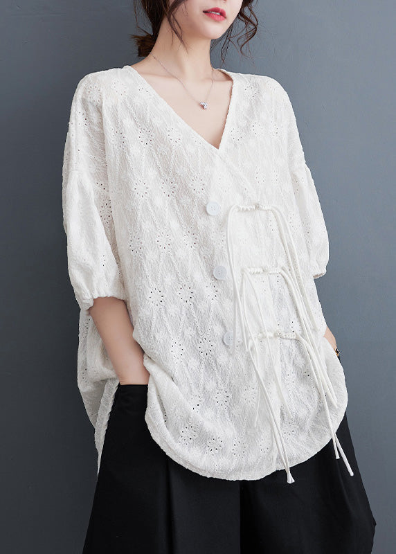 Chic White V Neck Print Tassel Solid Lace Shirt Summer LY4914 - fabuloryshop