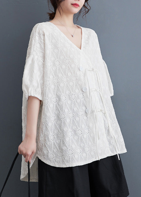 Chic White V Neck Print Tassel Solid Lace Shirt Summer LY4914 - fabuloryshop