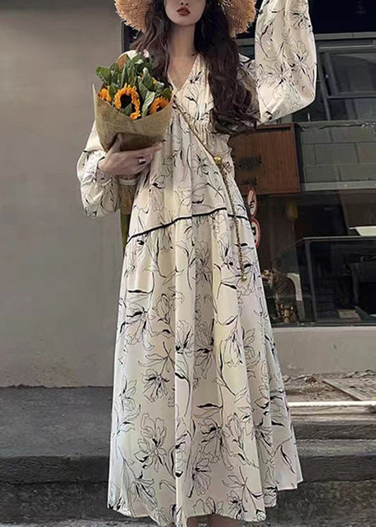 Chic White V Neck Print Wrinkled Patchwork Cotton Long Dresses Fall Ada Fashion