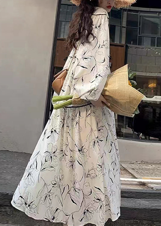 Chic White V Neck Print Wrinkled Patchwork Cotton Long Dresses Fall Ada Fashion