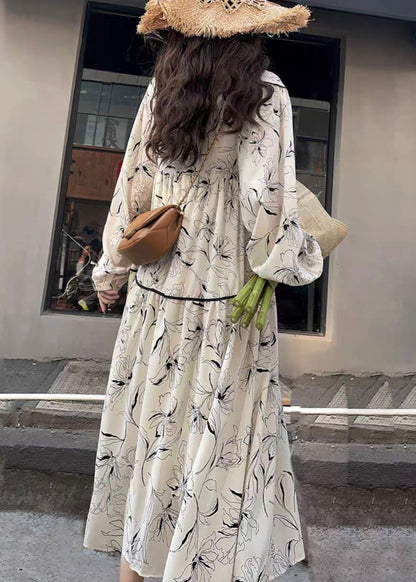 Chic White V Neck Print Wrinkled Patchwork Cotton Long Dresses Fall Ada Fashion