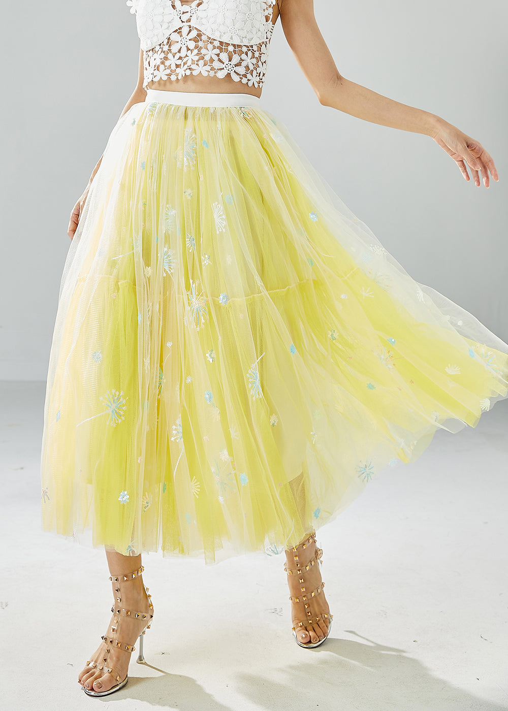 Chic Yellow Dandelion Embroideried Wear On Both Sides Tulle Skirts Summer LY6075 - fabuloryshop