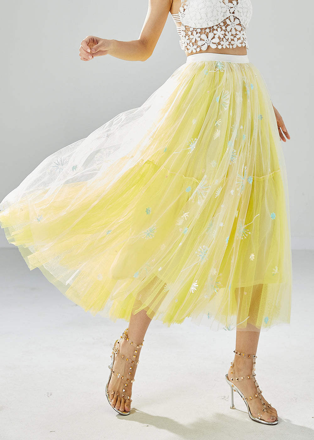 Chic Yellow Dandelion Embroideried Wear On Both Sides Tulle Skirts Summer LY6075 - fabuloryshop