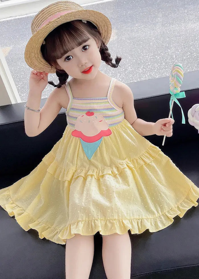 Chic Yellow Embroideried Ruffled Patchwork Girls Slip Mid Dress Sleeveless Ada Fashion