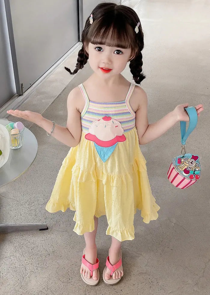 Chic Yellow Embroideried Ruffled Patchwork Girls Slip Mid Dress Sleeveless Ada Fashion