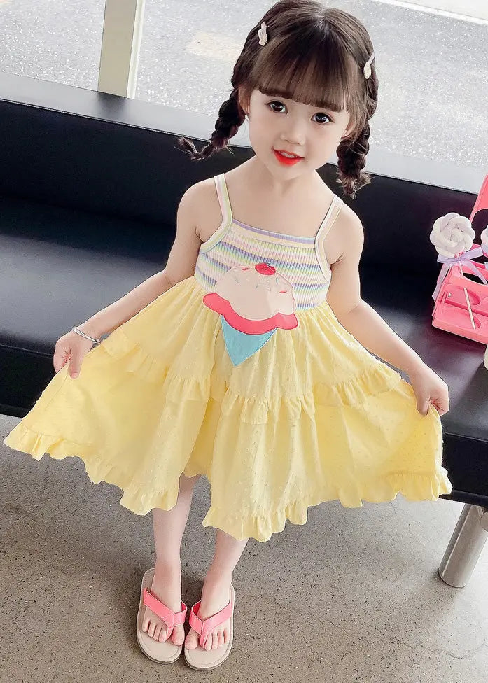 Chic Yellow Embroideried Ruffled Patchwork Girls Slip Mid Dress Sleeveless Ada Fashion