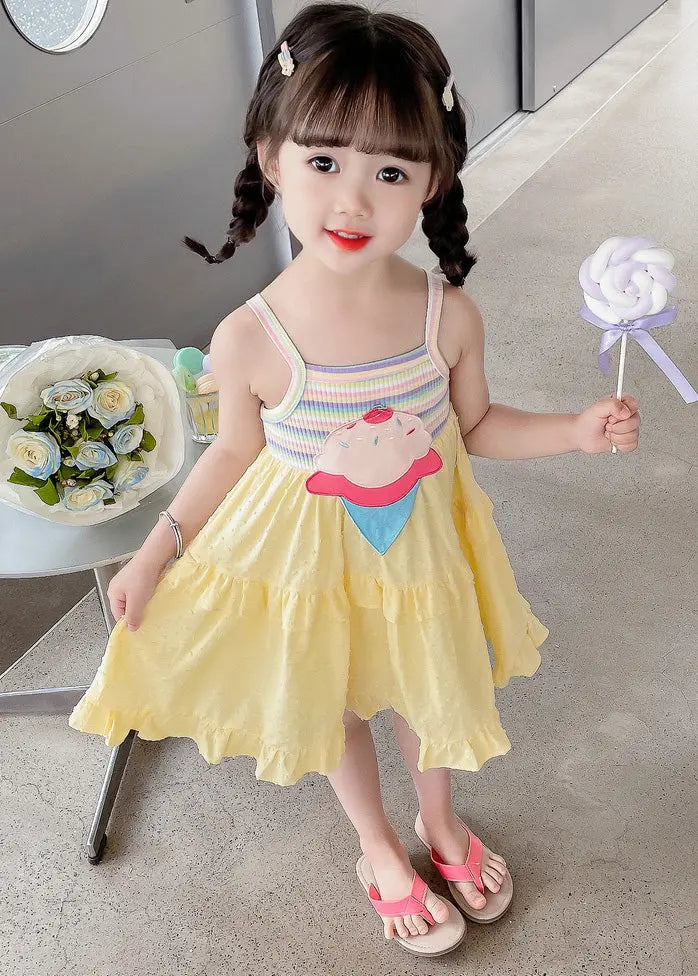 Chic Yellow Embroideried Ruffled Patchwork Girls Slip Mid Dress Sleeveless Ada Fashion