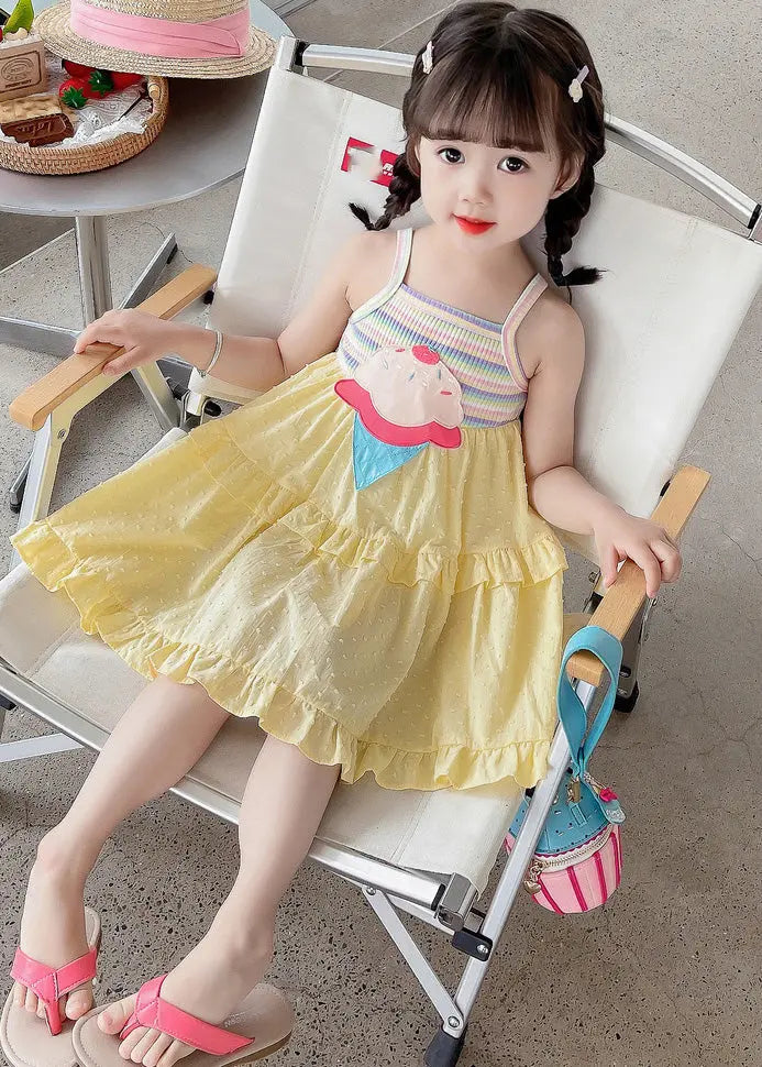 Chic Yellow Embroideried Ruffled Patchwork Girls Slip Mid Dress Sleeveless Ada Fashion