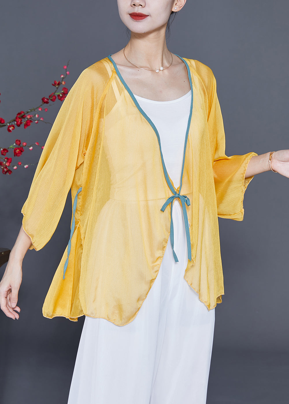 Chic Yellow Lace Up Hollow Out Chiffon Blouses Bracelet Sleeve LY3685 - fabuloryshop