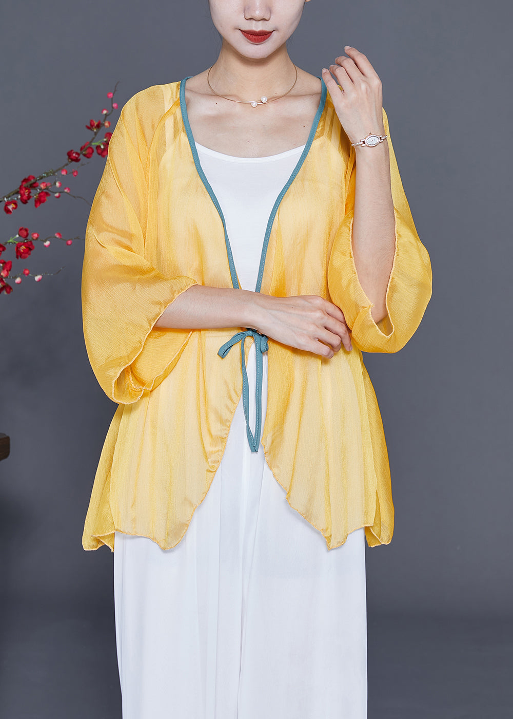 Chic Yellow Lace Up Hollow Out Chiffon Blouses Bracelet Sleeve LY3685 - fabuloryshop