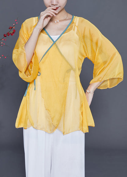 Chic Yellow Lace Up Hollow Out Chiffon Blouses Bracelet Sleeve LY3685 - fabuloryshop